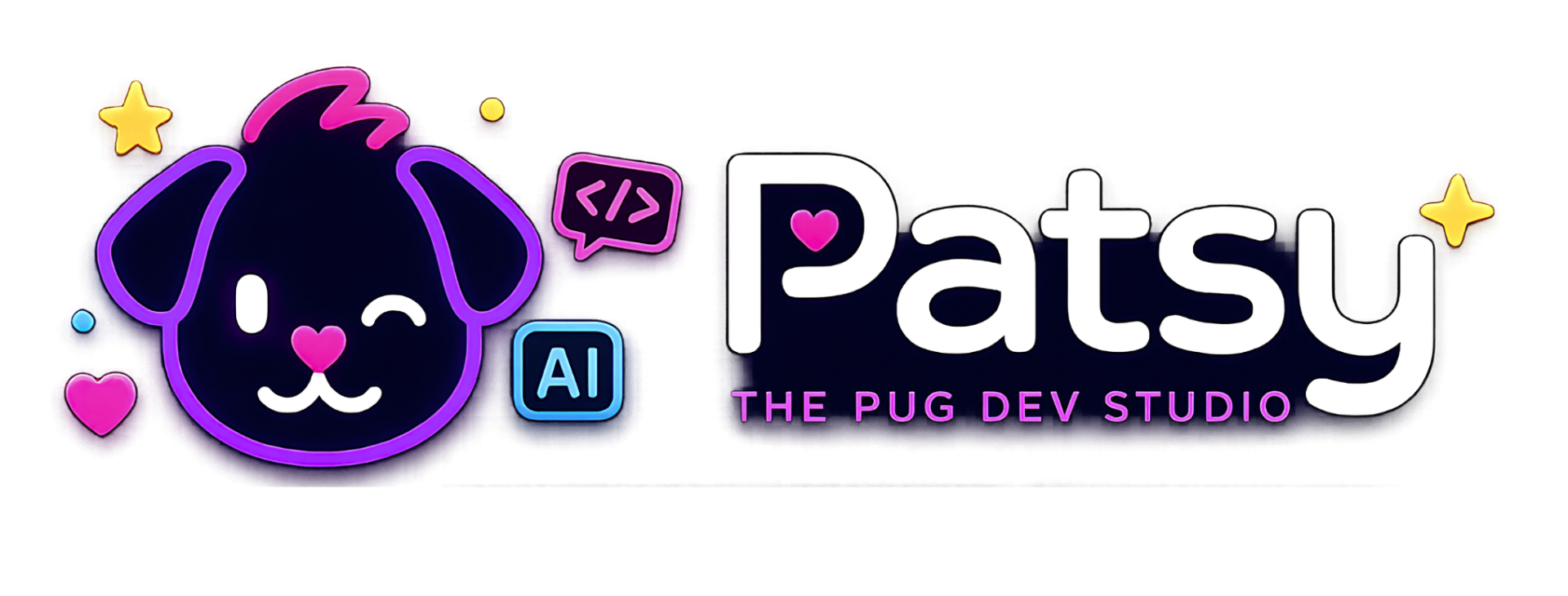 Patsy The Pug Dev — logo neón de una pug con etiqueta AI